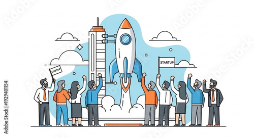 Diverse group of people celebrating a rocket launch with excitement and joy in a colorful illustration