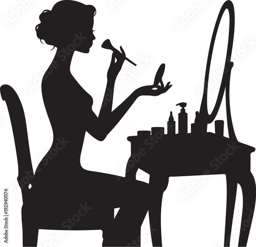 Woman applying makeup in front of vanity with mirror