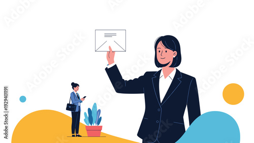 Professional businesswoman holding an official document envelope while a colleague works in the distance background.