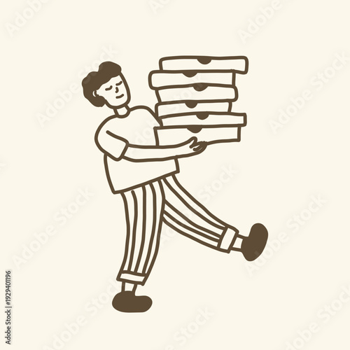 Hand drawn person carrying pizza box doodle cartoon illustration