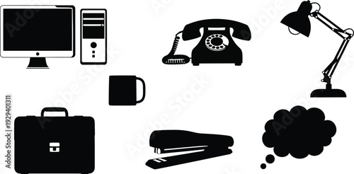 Collection of eight professional office equipment icons, black vector silhouettes of briefcase, desk lamp, and calendar isolated on white.