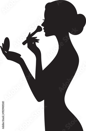 Woman applying makeup with brush and compact silhouette