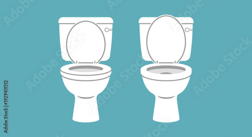 Two white toilets with lids up and down on a teal background.
