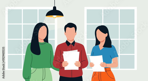 Three colleagues discussing documents in a modern office setting.