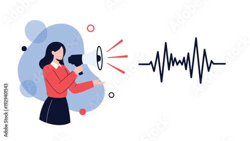 Young woman in a red shirt and black skirt shouts through a megaphone with a sound wave graphic representing a broadcast.