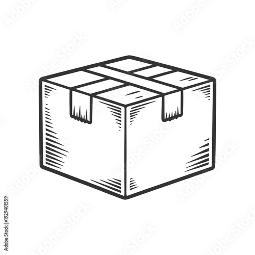 sealed cardboard shipping box, symbolizing delivery, packaging, logistics, and online shopping sketch engraving generative ai fictional character vector illustration. Scratch board. Black and white.