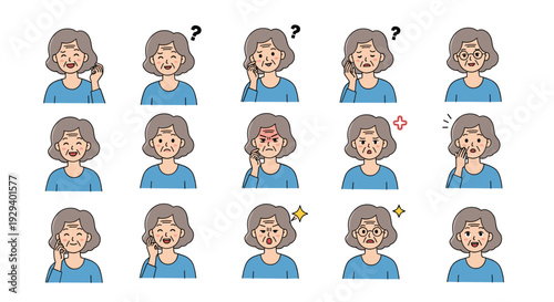 Collection of facial expressions featuring an elderly woman in a blue shirt showing joy, sadness, anger, and surprise.