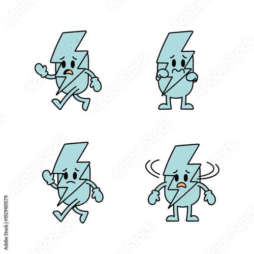 Cartoon lightning bolt characters showing different emotions and actions in a simple doodle style