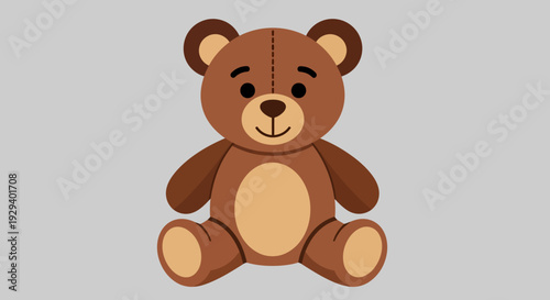 Cute cartoon brown teddy bear with beige accents sitting on a gray background.
