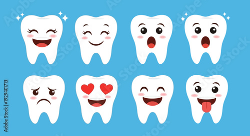 Cartoon teeth with different facial expressions on blue background.