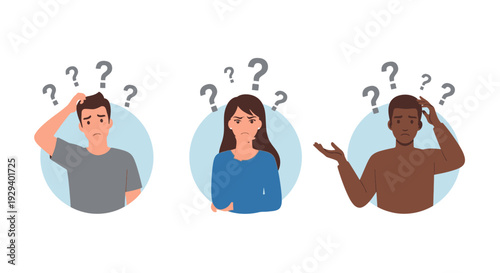 Three people puzzled with question marks above their heads.