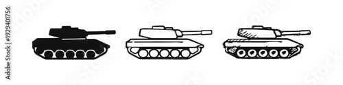 Military battle tank icon set in solid, outline, and hand-drawn styles, depicting ground warfare.