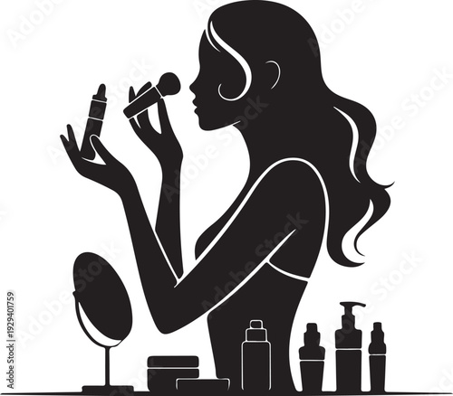 Woman applying makeup with brush and mirror cosmetics