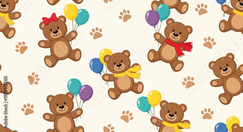 Adorable cartoon teddy bears with balloons on a cream background.