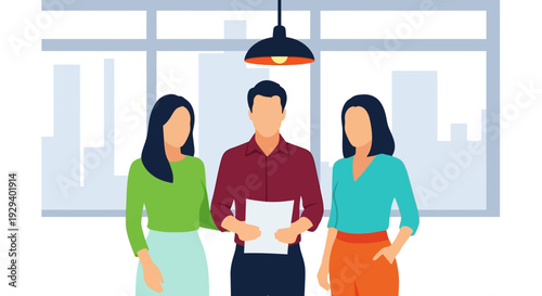 Three colleagues discussing documents in a modern office setting.