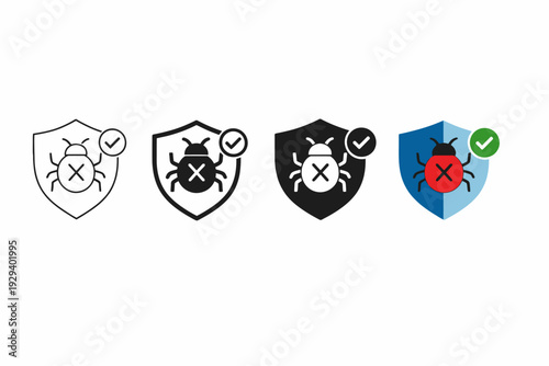 Antivirus shield icons with bug illustration