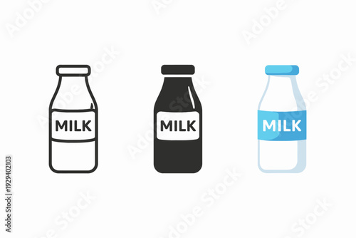 Variety of milk bottle icons: black, outline, and colorful styles