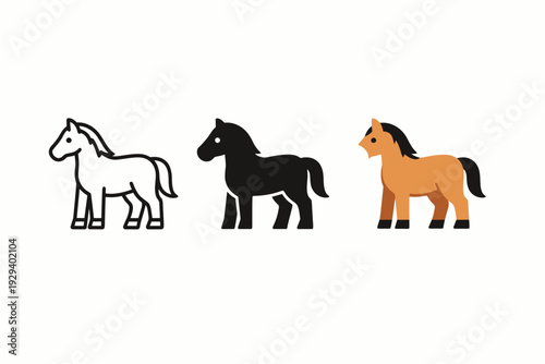 Vector silhouette set of horses in various colors and styles