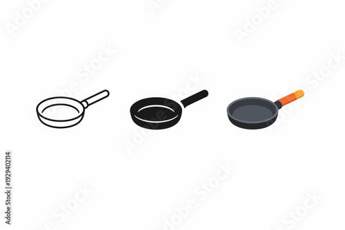 Three styles of frying pans: outline, silhouette, and colored design