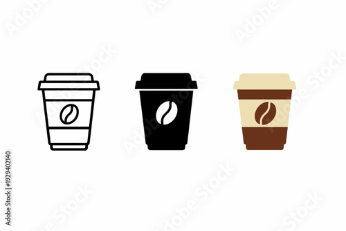 Coffee cup icons: black, white, brown variants with coffee bean symbol