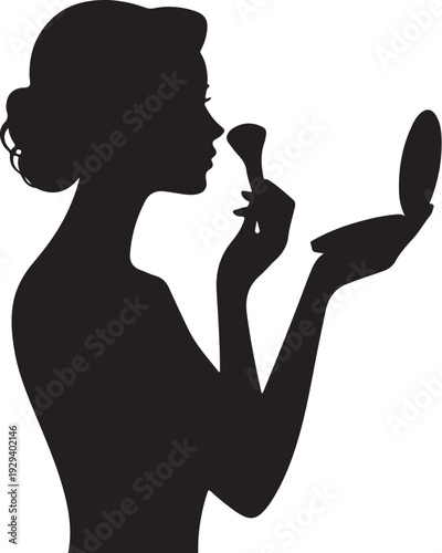 Woman applying makeup with brush and mirror silhouette