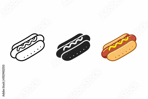Hot dog icons: black and white outline, silhouette, and colorful versions