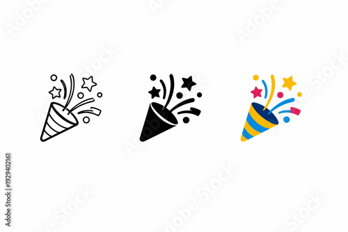 Set of confetti popper icons in outline, filled, and colorful styles