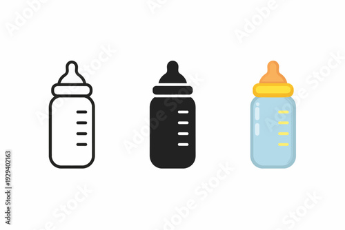 Baby bottles: outline, silhouette, and colored designs on white background