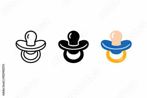 Triple baby pacifier icons: outline, solid, and colored designs on white background