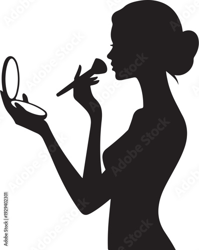 Woman applying makeup with brush and mirror silhouette