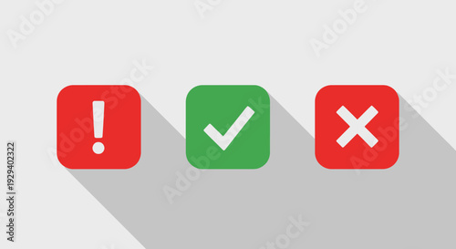 Three rounded square buttons with exclamation mark, checkmark, and cross symbols.