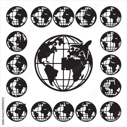Set of black and white vector globe icons featuring Earth maps and circular planet spheres for global business and travel design illustrations