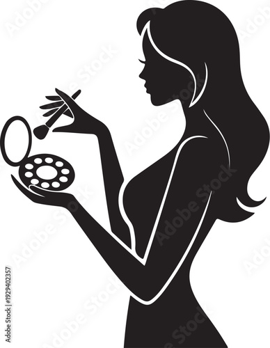 Woman applying makeup with brush and palette silhouette