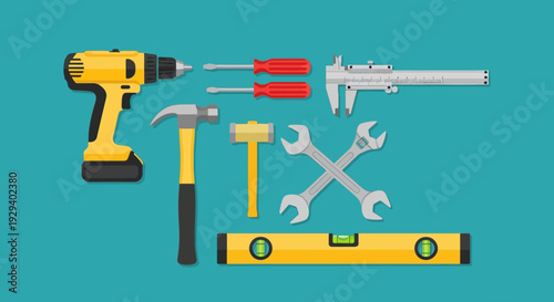 Assorted carpentry and construction tools arranged neatly on a blue background.
