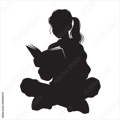 Black vector illustration of a minimalist silhouette featuring a woman and child sitting together reading a book