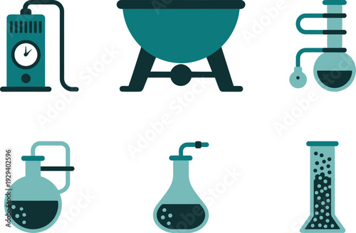 Set of Six Teal and Dark Green Flat Style Chemistry and Laboratory Equipment Icons for Science Research and Experimentation