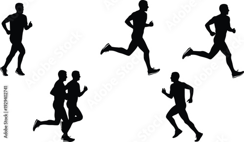 Collection of five dynamic male runner silhouettes, black vector icons of athletes jogging and sprinting, including a pair running together, isolated on white.