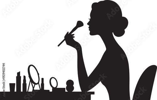 Woman applying makeup with brush silhouette black white