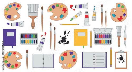 Artistic supplies and tools for drawing and painting spread across a white background