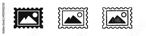 Postage stamp icon set featuring a scenic landscape, in solid, outline, and hand-drawn styles. Travel and communication.