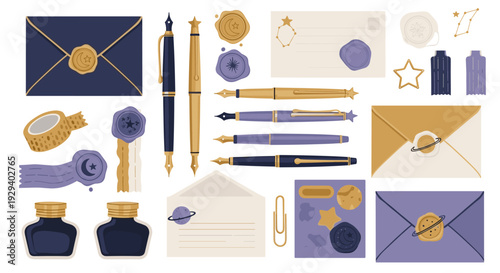 Elegant stationery and calligraphy set with vintage pens ink bottles wax seals and envelopes for correspondence and artistic writing