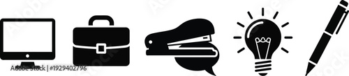 Collection of five essential business and office icons, black vector silhouettes of computer, light bulb, and stationery isolated on white.