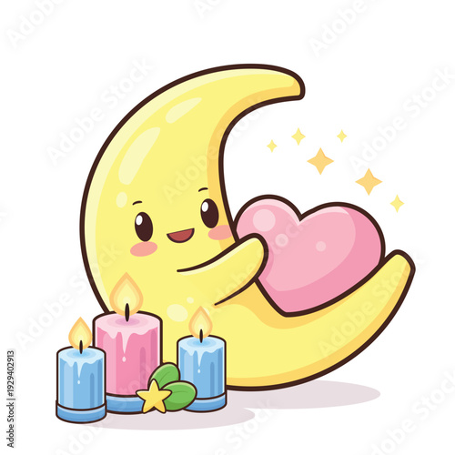 moon holding heart character cartoon vector illustration
