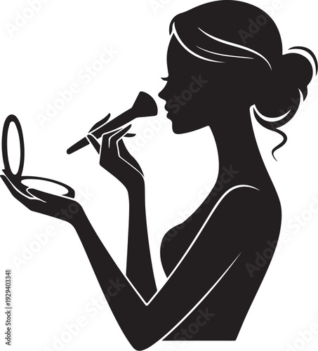 Woman applying makeup with mirror and brush silhouette