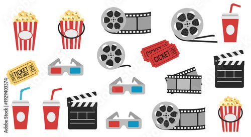 Collection of cinema icons including popcorn buckets soda cups 3d glasses film reels and clapperboards for movie entertainment and viewing experiences