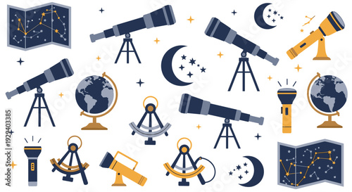 Collection of astronomical instruments and celestial charts depicting the wonders of space exploration and scientific discovery