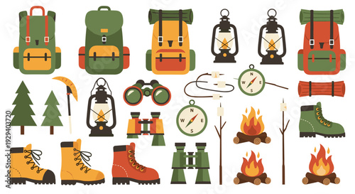Collection of camping and hiking gear including backpacks lanterns boots compasses binoculars and campfire elements for outdoor adventure and exploration