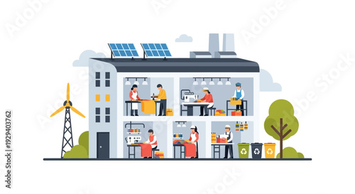Sustainable Green Manufacturing Factory: Textile Production & Workers in Eco-Friendly Industrial Building Powered by Solar Panels & Wind Turbine. Responsible Business.