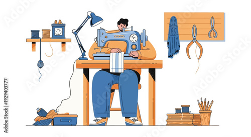 Craftsman Sewing Fabric on a Machine in a Creative Workshop. Detailed Flat Design Vector Illustration of Tailoring Process