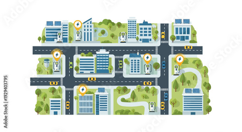 Smart City Electric Vehicle Charging Network Map. Urban Infrastructure with EV Stations, Solar Panels, and Green Spaces for Sustainable Transportation and Future Mobility.